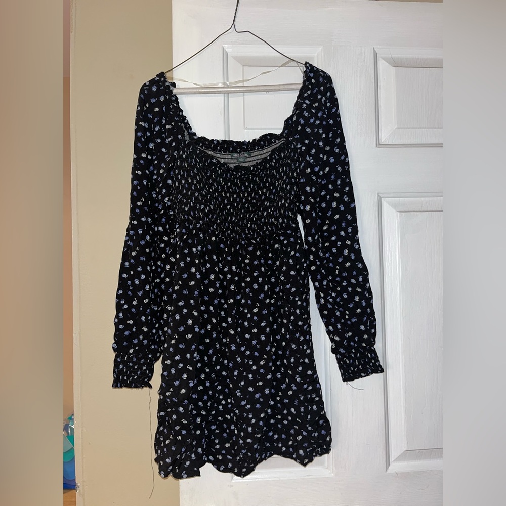 Black dress with blue and white flowers